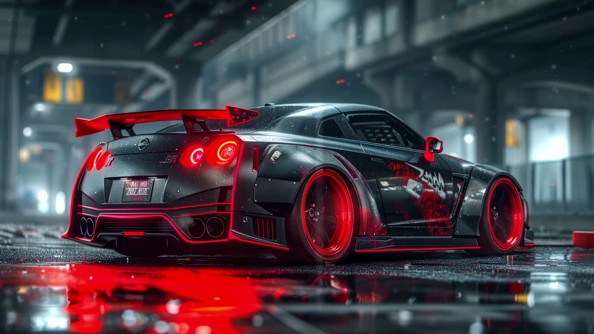 Black Nissan GTR Rainy Night Live Wallpaper
